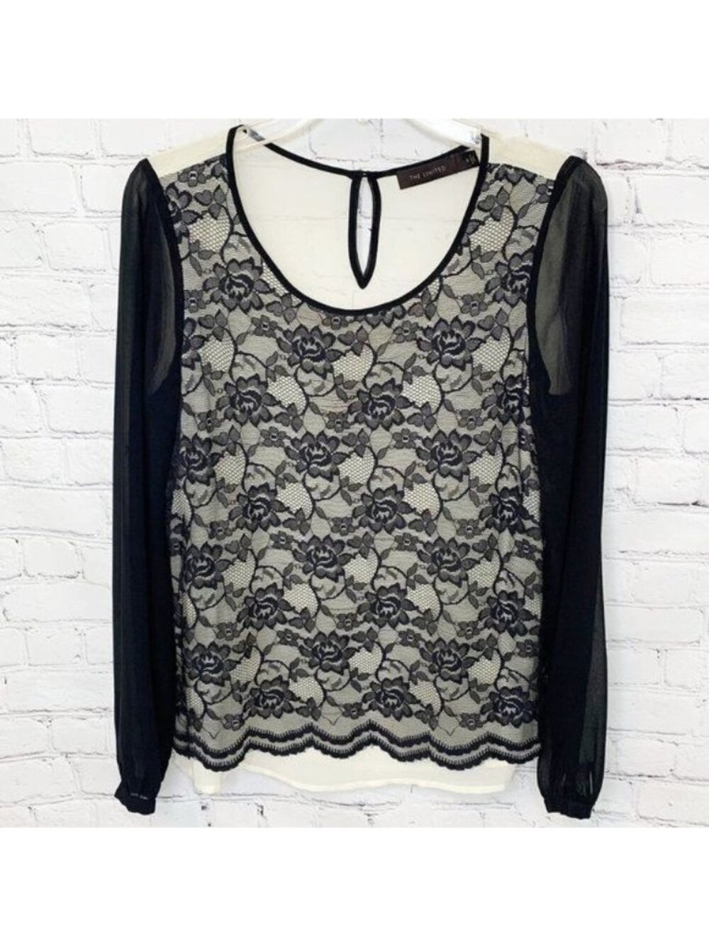 THE LIMITED BLACK & CREAM LACE FRONT SHEER TOP - SMALL
